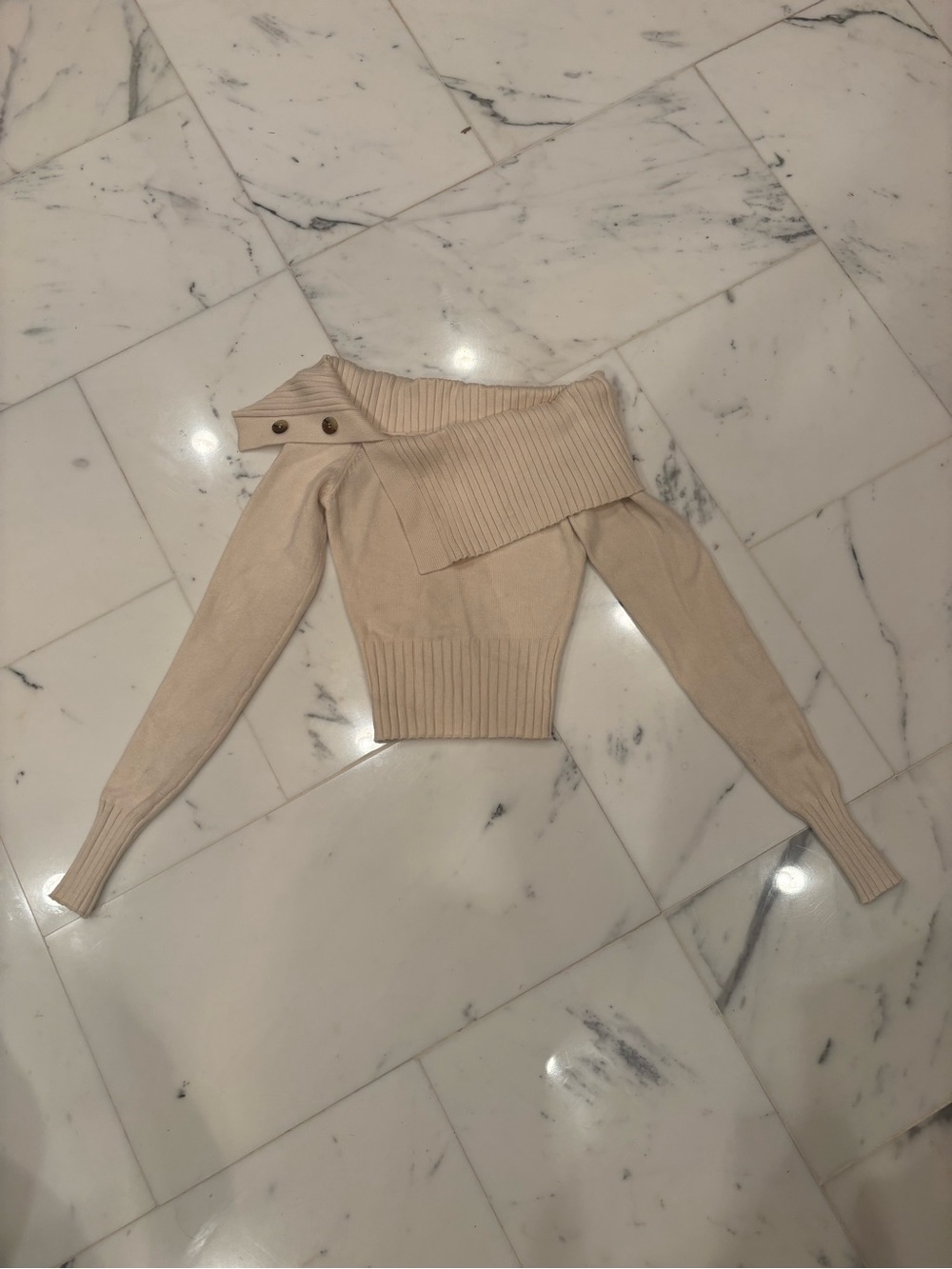 Off-Shoulder Cream Ribbed Sweater Top - Picture 5 of 9